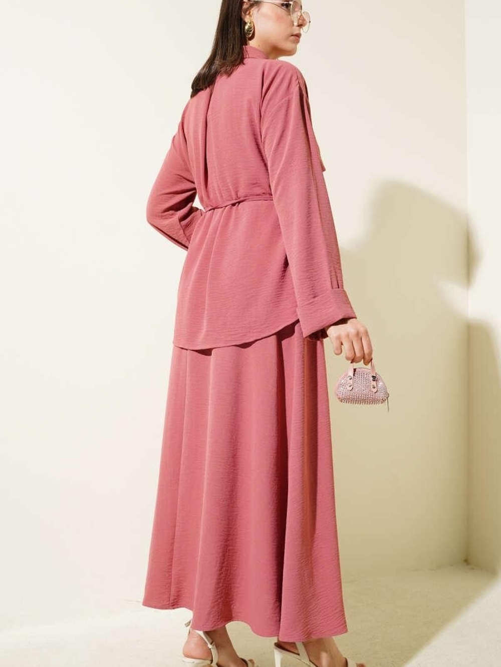 Modest Dusty Rose Belted Top Maxi Skirt Set L/XL Coordinated Outfit